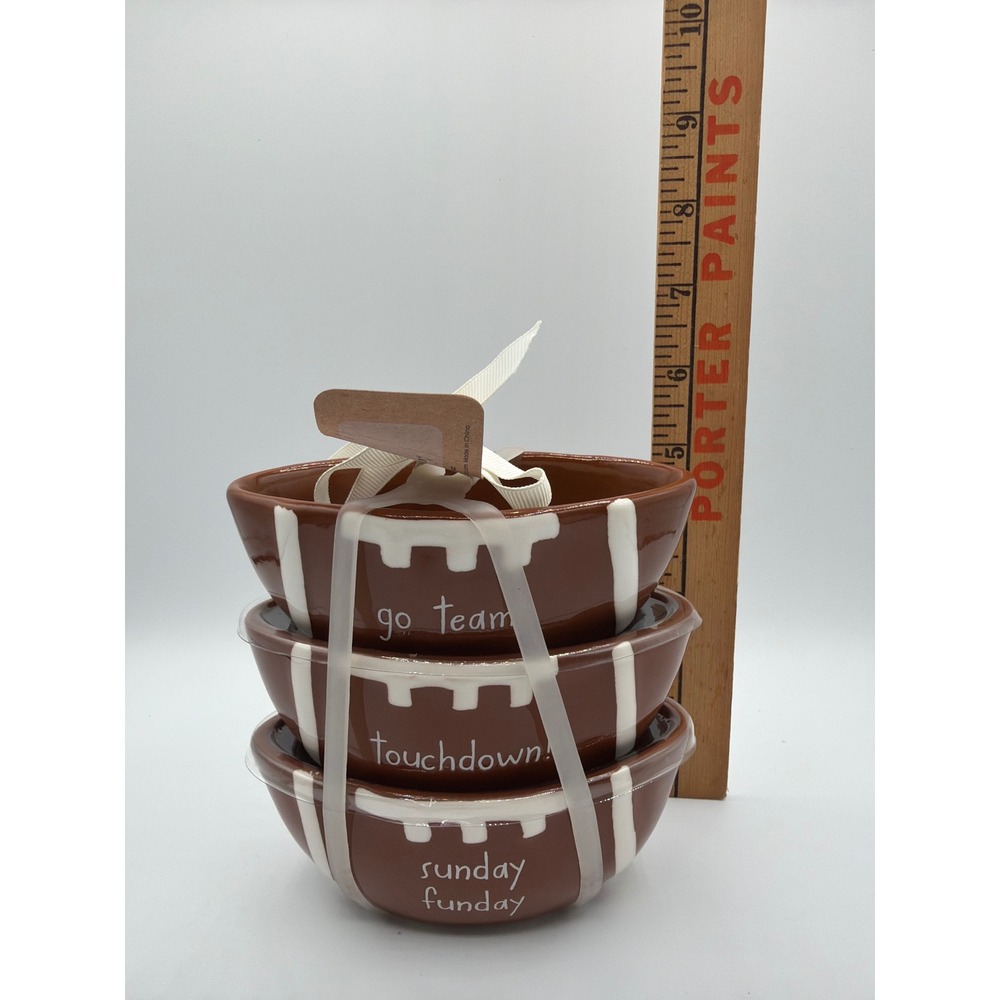 Rae Dunn Football Bowls Set of 3 Go Team Touchdown Sunday Funday NWT Brown White